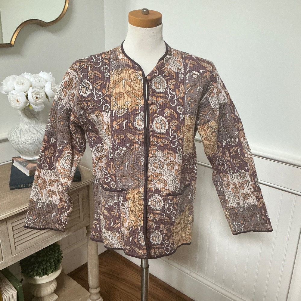 Orvis Women L Quilted Cotton Floral Block Print Kantha Jacket Purple Mustard
